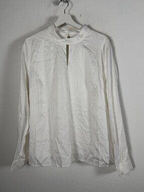 J. Peterman Womens White Keyhole Mock Neck Blouse Top 18 Long Sleeve Silk Look